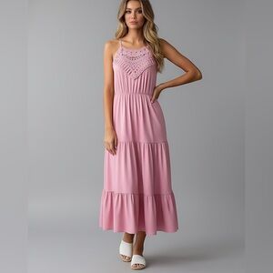 Pink Lace Insert Halter Dress